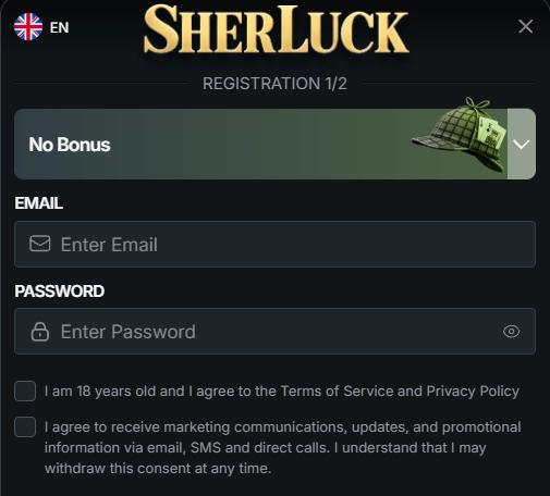 SherLuck Casino registration form with email and password fields, bonus selection and age confirmation